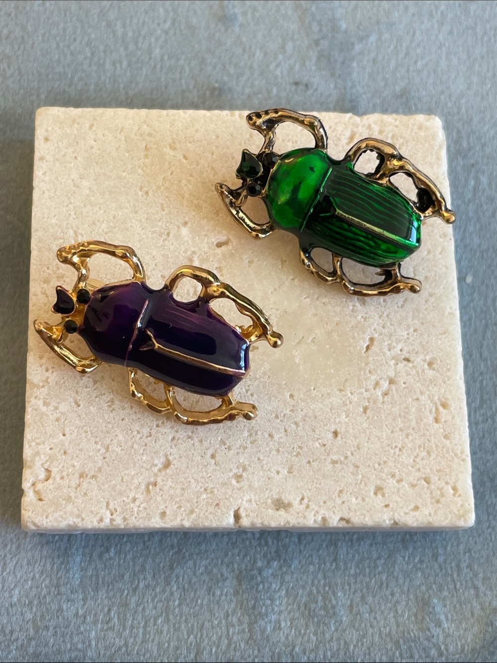 Saks Fifth Avenue Green and Purple Beetle Brooch Set